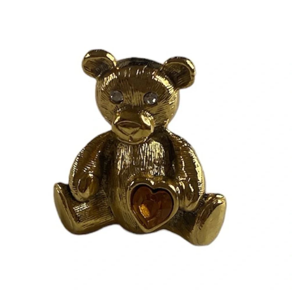 1928 Gold-Tone Teddy Bear Brooch with Amber Heart Crystal